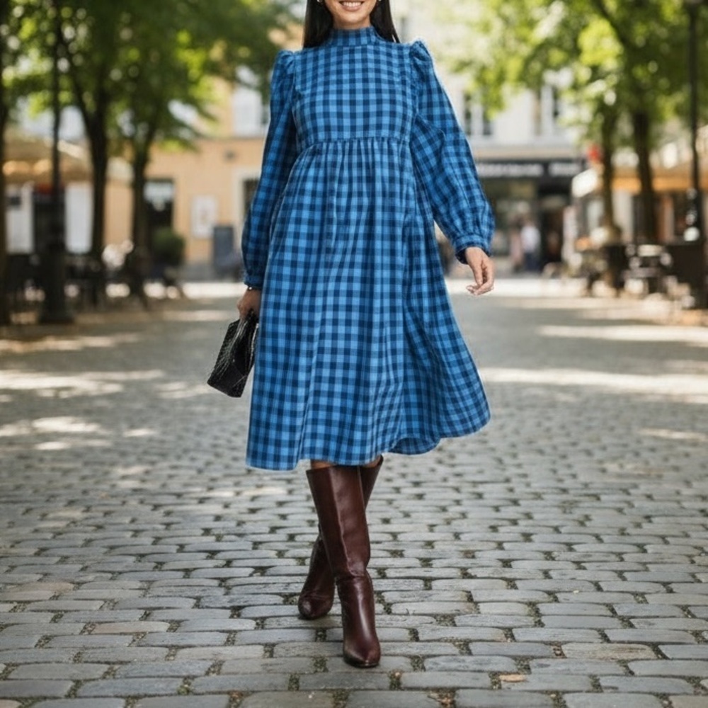 Lola May Blue Gingham Smock Midi Dress Puff Sleeve Cottagecore UK8 / US4